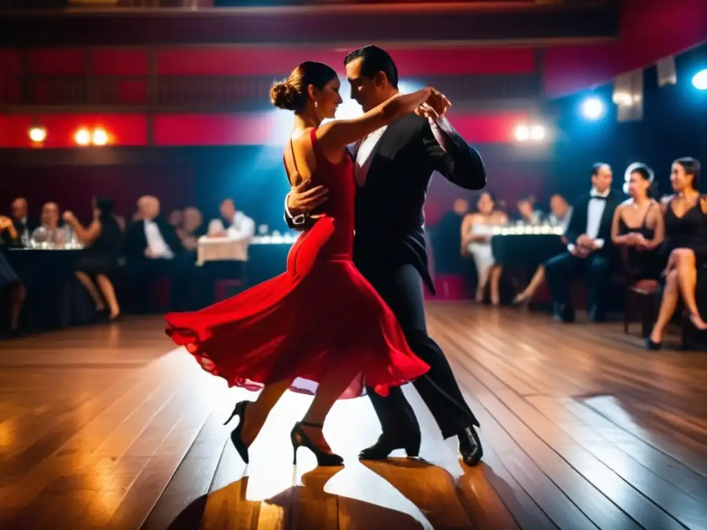Pareja bailando apasionadamente tango en Buenos Aires Experiencias de tango para seniors en Buenos Aires: Pareja de tango bailando con pasión en una milonga