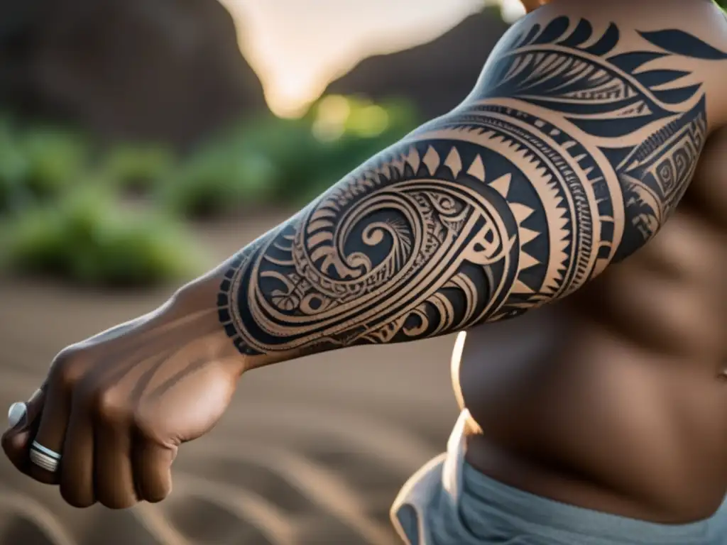 Tatuaje tribal polinesio detallado en brazo, símbolos y motivos tradicionales