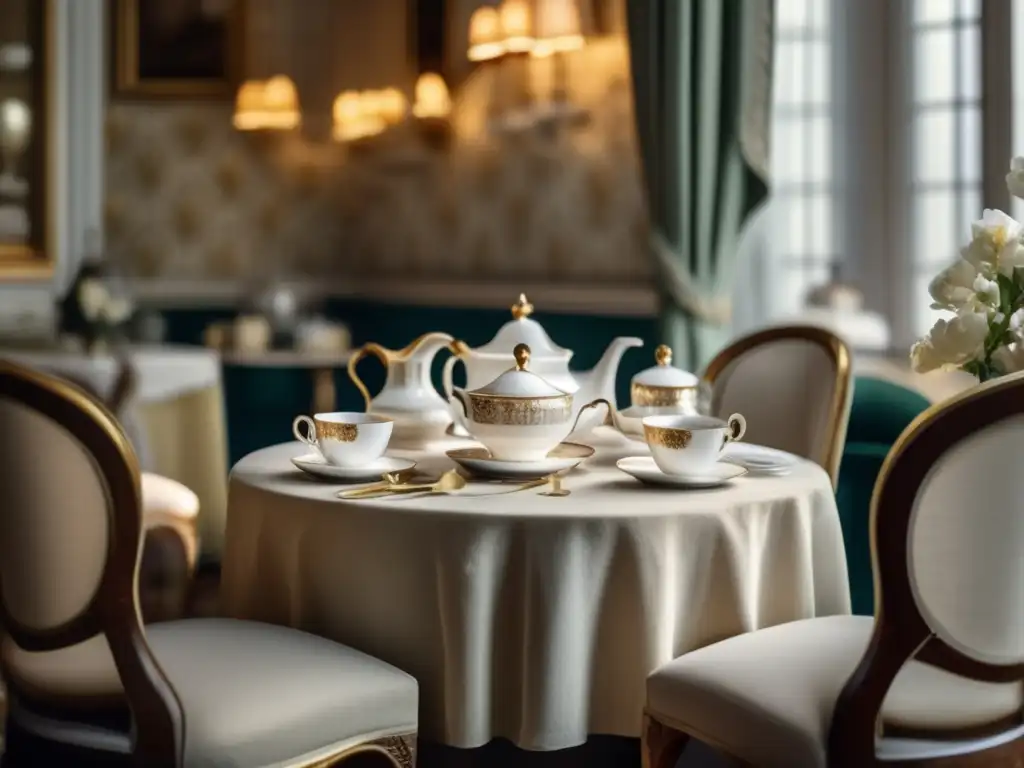 Sala de té elegante y acogedora en Londres Un elegante salón de té en Londres, con decoración victoriana y ambiente sofisticado