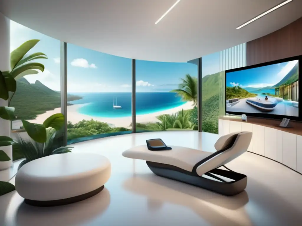 Telemedicina en turismo médico Consulta de telemedicina en turismo médico: habitación virtual moderna con vista panorámica, equipamiento tecnológico y profesionales en sesión