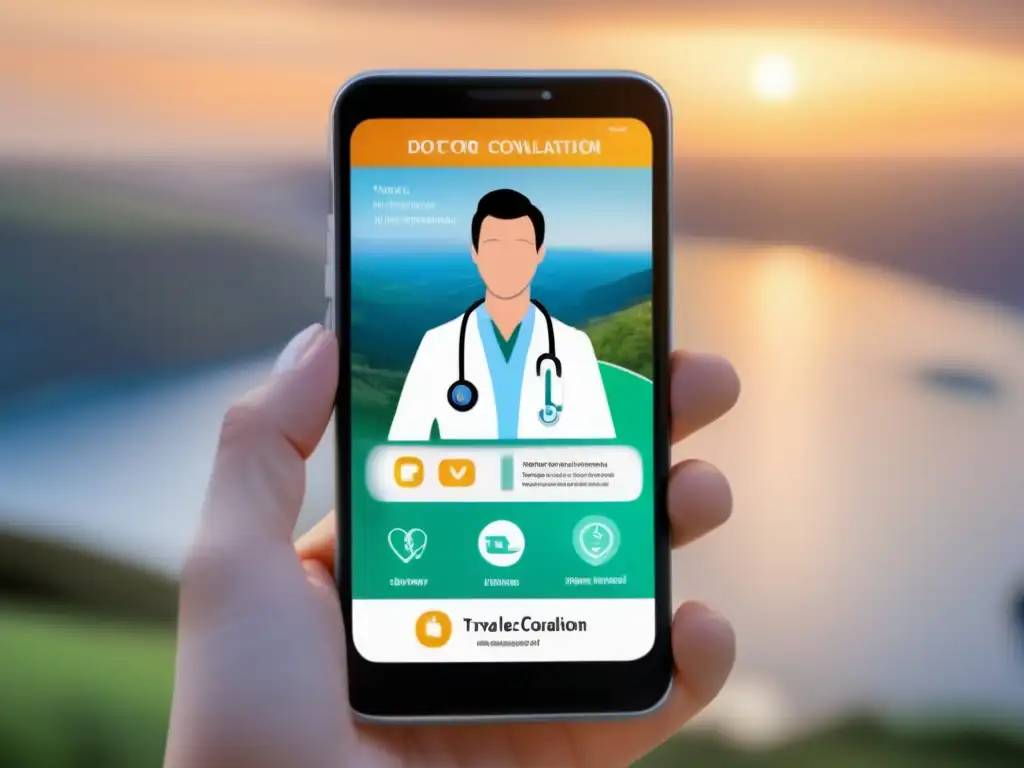 Consulta médica virtual durante un viaje Smartphone con app médica, videoconsulta virtual de viajero con doctor en destino tropical