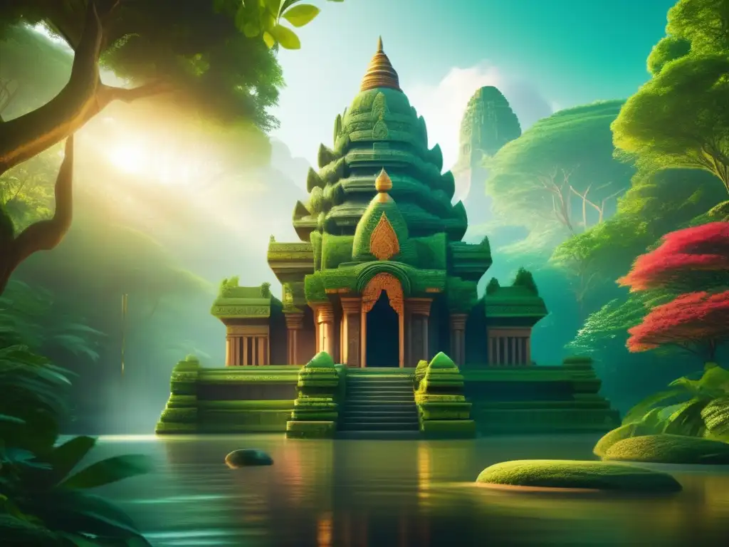Antiguo templo místico en un bosque exuberante Ruta sagrada para viajeros maduros en templo místico