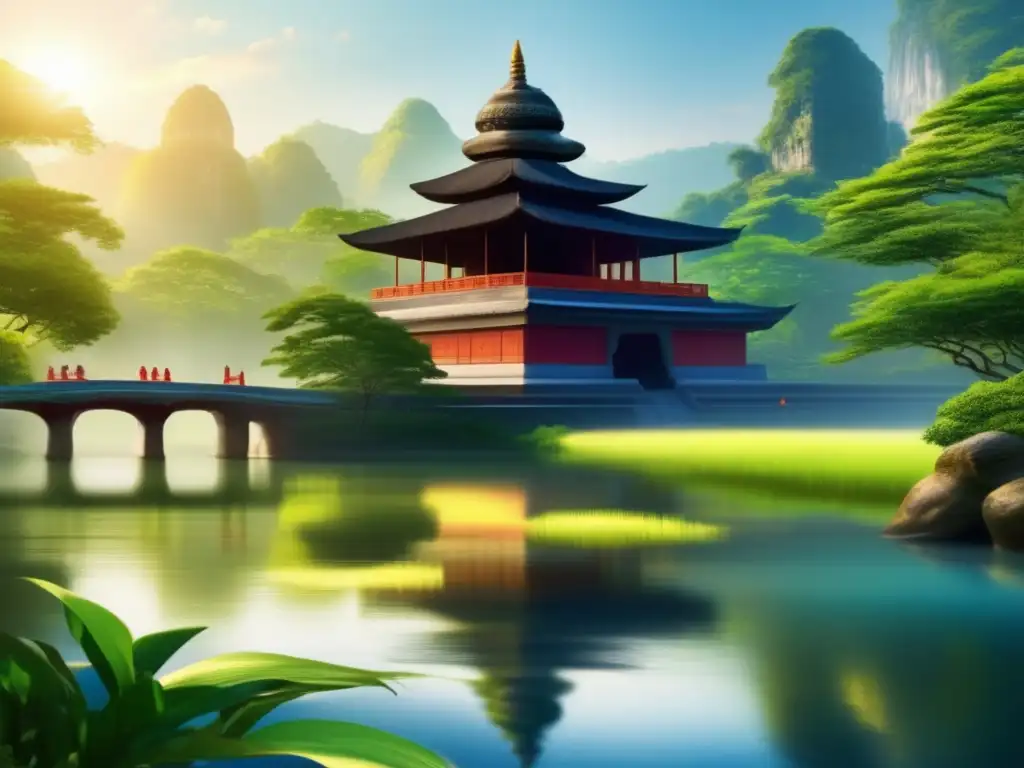 Aventuras espirituales en templos sagrados: majestuoso templo antiguo rodeado de naturaleza serena y colorida