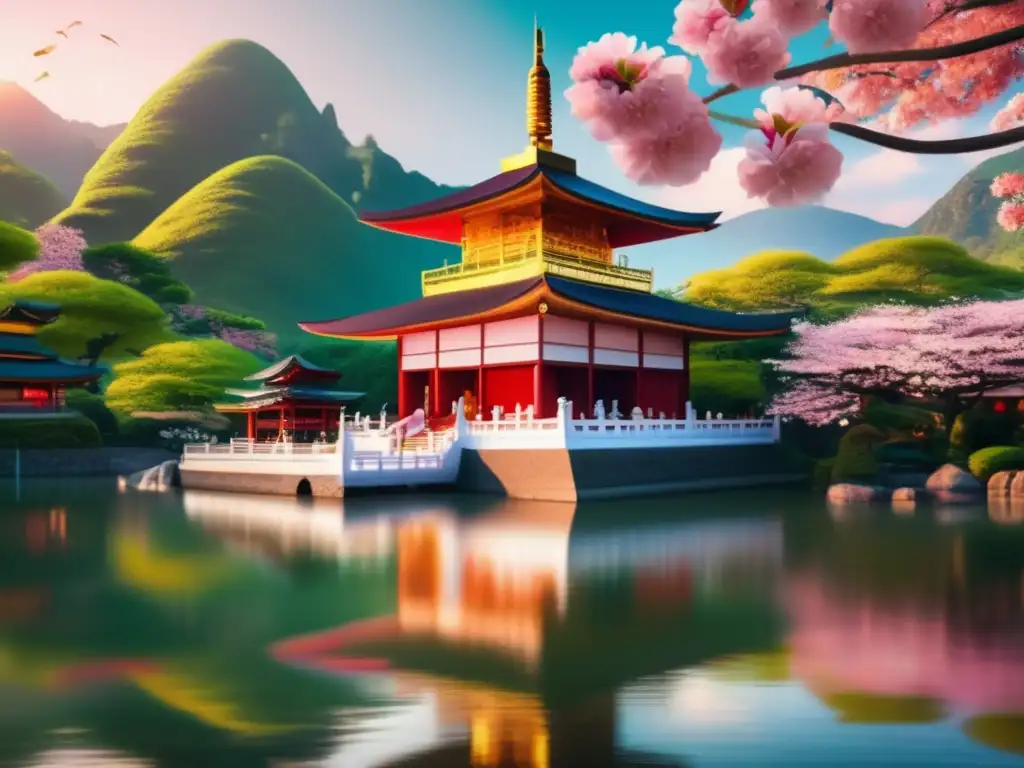 Aventuras espirituales en templos sagrados: Imagen 8k de un sereno templo budista rodeado de montañas verdes, con arquitectura vibrante y una pagoda imponente