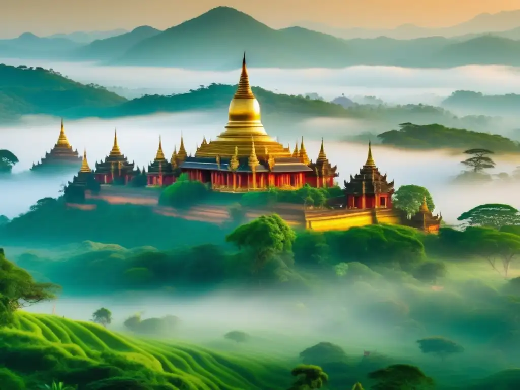 Templo budista en Myanmar: tranquilidad y serenidad Destinos emergentes para viajeros senior: Templo budista sereno en Myanmar con paisaje exuberante y rica historia