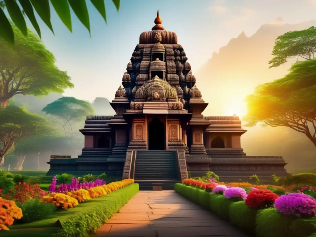 Templo indio antiguo rodeado de naturaleza exuberante Peregrinación a un templo indio antiguo rodeado de naturaleza exuberante, con detalles y escenas mitológicas en sus paredes