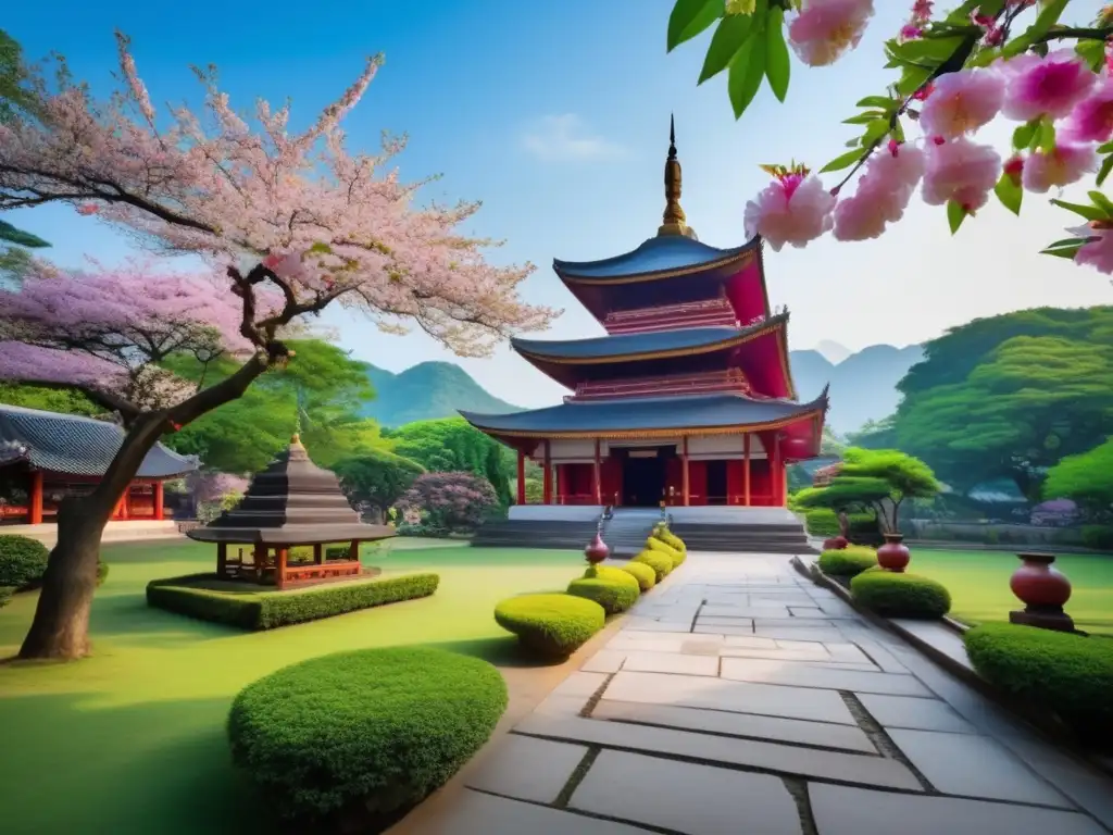 Templo sereno en Asia rodeado de naturaleza verde Viajes seguros para seniors en Asia: Templo sereno rodeado de exuberante naturaleza, arquitectura impresionante y jardines vibrantes
