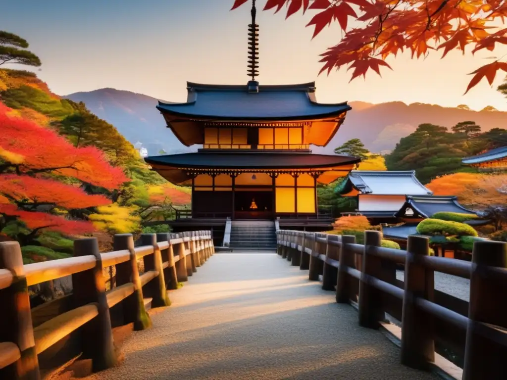 Templo sereno rodeado de follaje otoñal vibrante en Kyoto Un majestuoso templo zen en Kyoto, rodeado de colores otoñales y naturaleza, reflejando la armonía entre tradición y modernidad