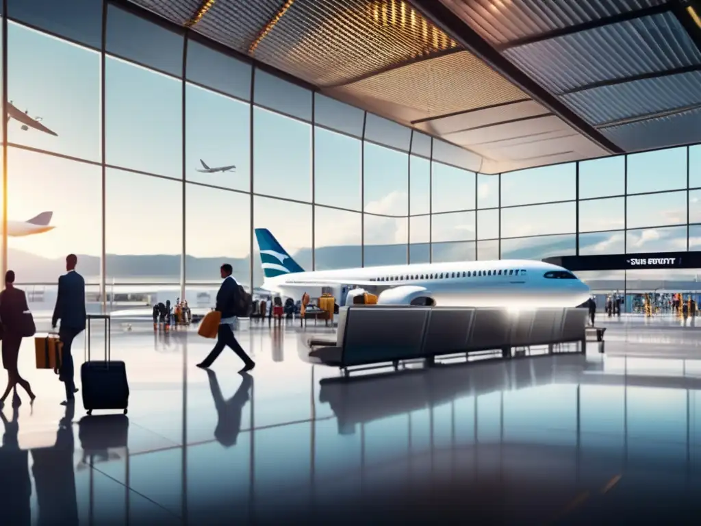 Aeropuerto moderno con luz natural y actividad Terminal de aeropuerto moderno, eficiente y vibrante, perfecto para la preparación de viajes médicos