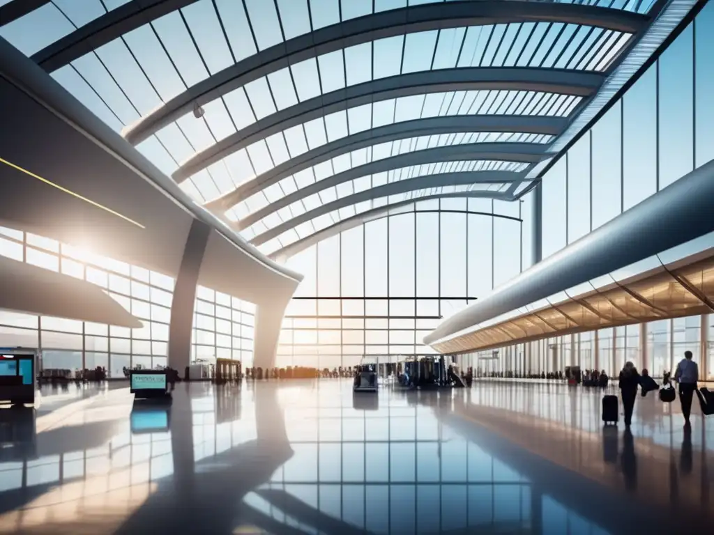 Aeropuerto moderno con diseño arquitectónico elegante Un aeropuerto moderno con diseño arquitectónico, luz natural y medidas preventivas equipaje viajeros senior