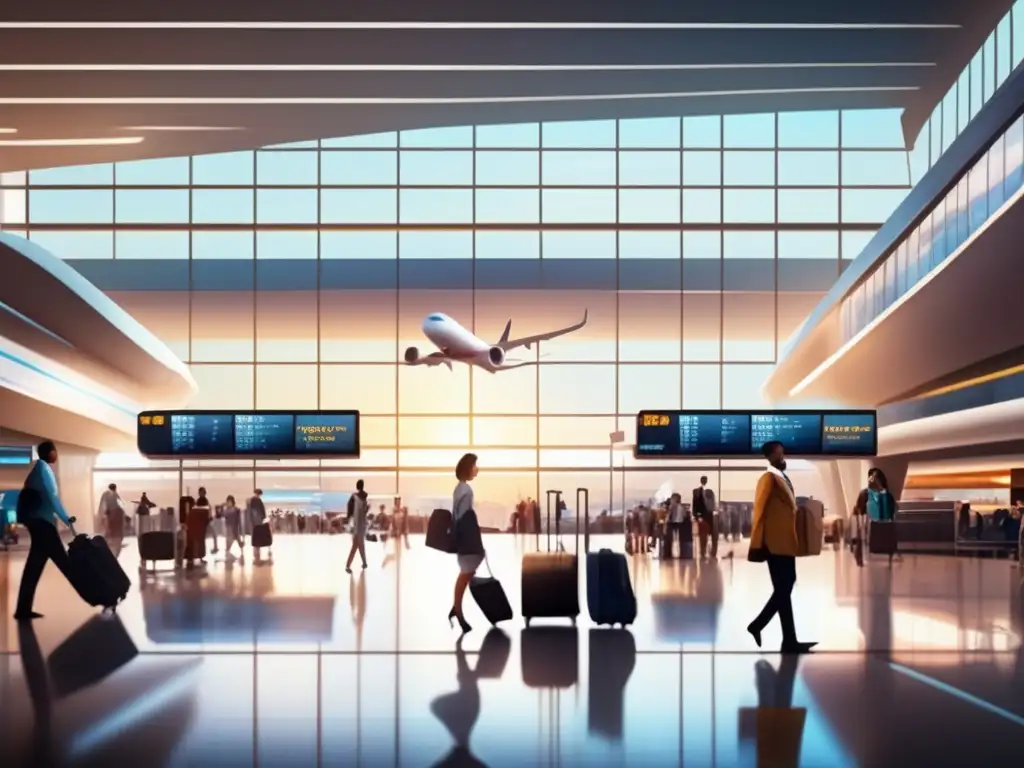 Aeropuerto moderno con actividad Terminal de aeropuerto moderno con movimiento, luz natural y personal atento