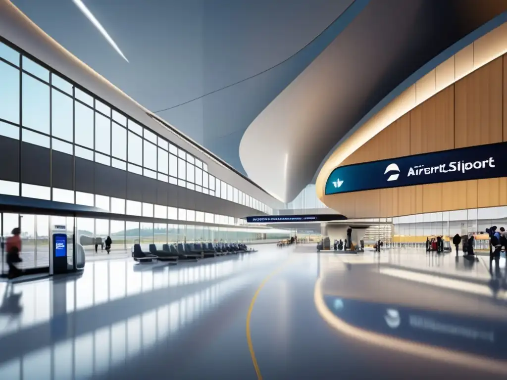 Aeropuerto moderno y accesible con transporte inclusivo Un moderno aeropuerto accesible con caminos amplios y diseño elegante, iluminado por luz natural