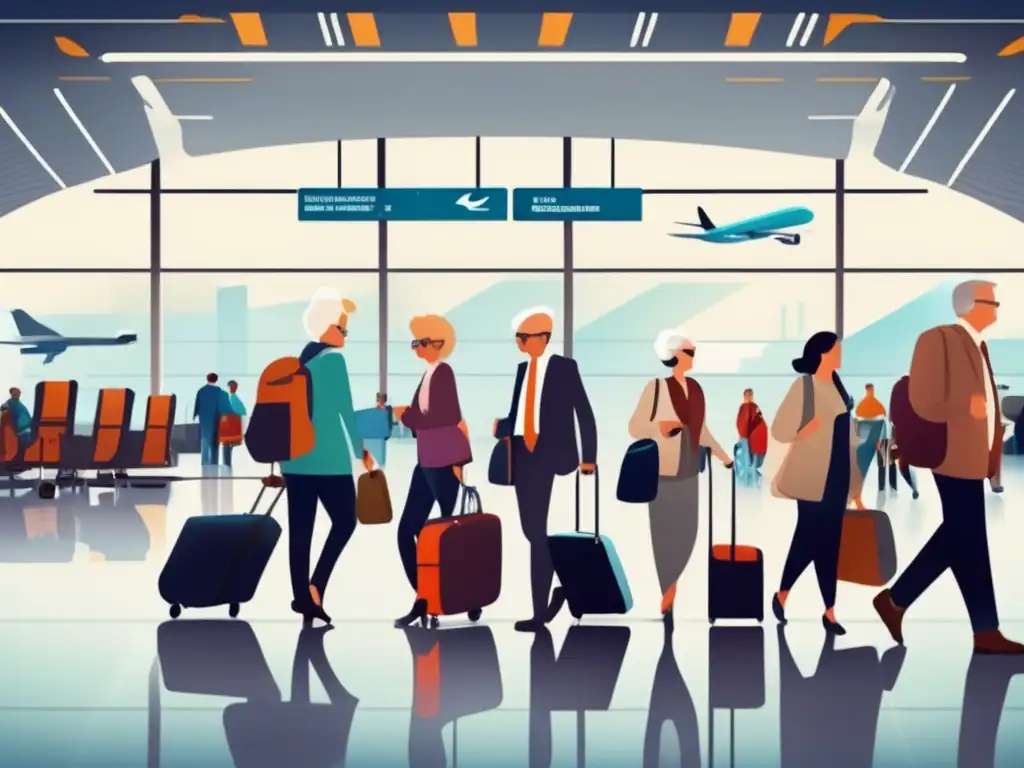 Aeropuerto moderno y activo Terminal aeropuerto moderno, viajeros senior seguros, precauciones y comodidad