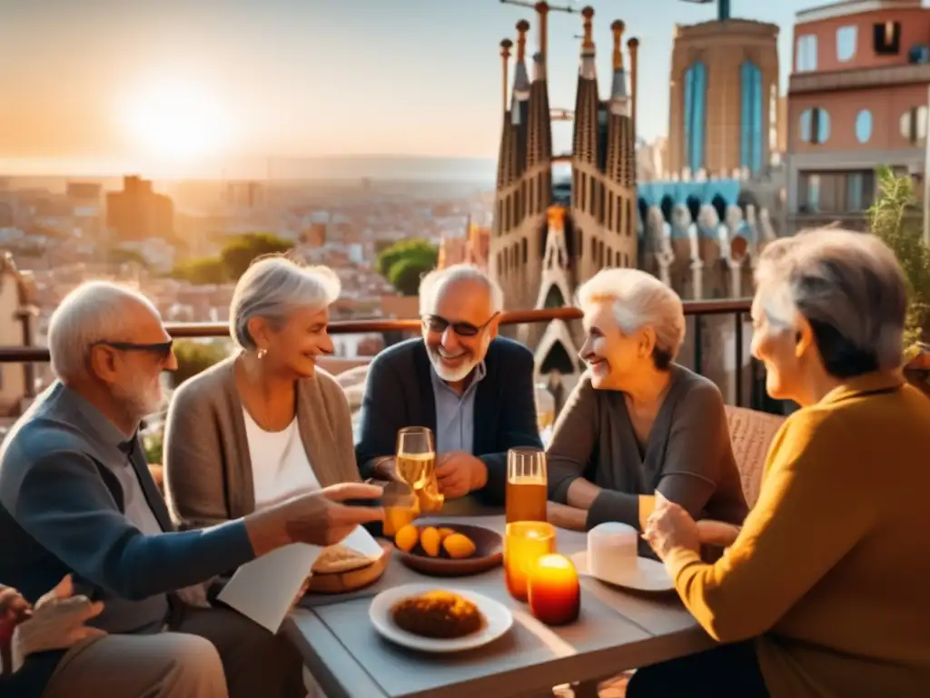 Terraza vibrante en Barcelona con adultos mayores superando desafíos de viajes lingüísticos (110 caracteres)
