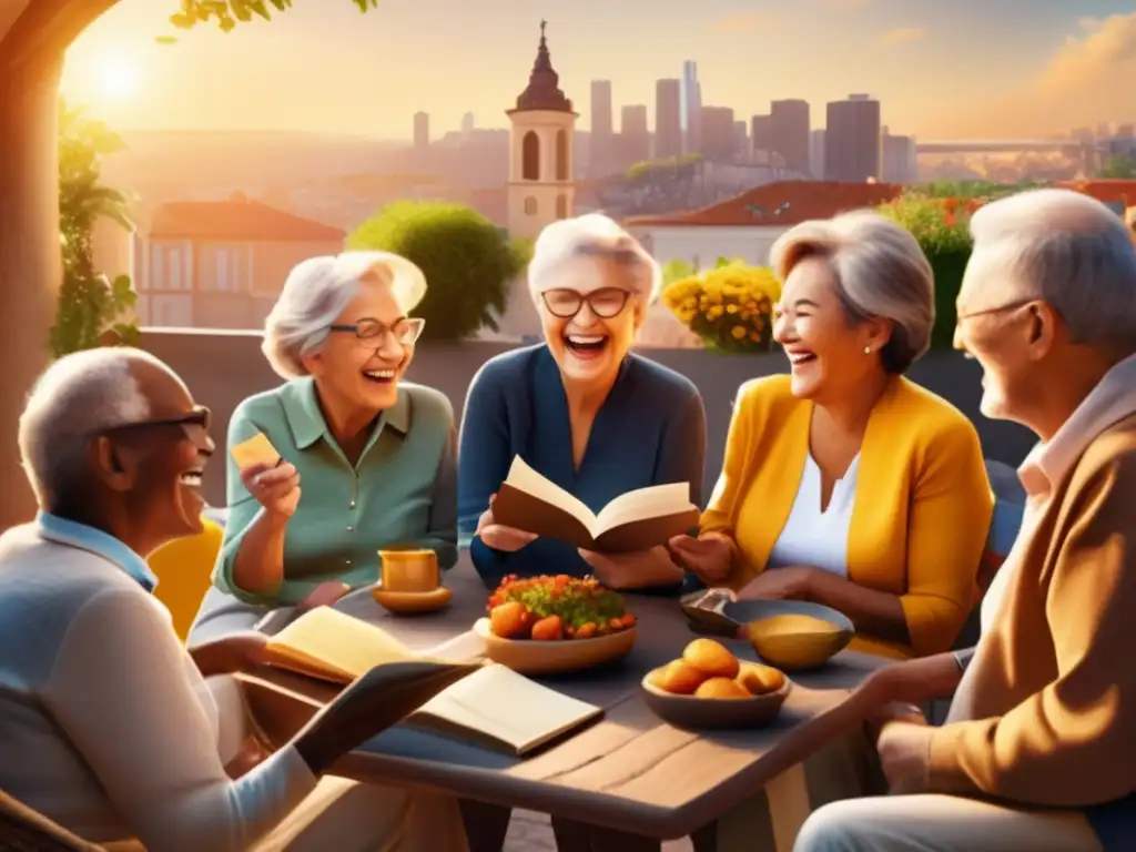 Grupo de adultos mayores en terraza con vista a la ciudad Grupo de adultos mayores disfrutan de viajes lingüísticos: beneficios para adultos mayores