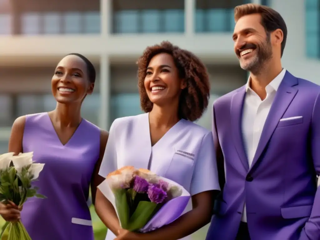 Testimonios inspiradores turismo médico recuperación: trío sonriente en moderno centro médico, esperanza y optimismo