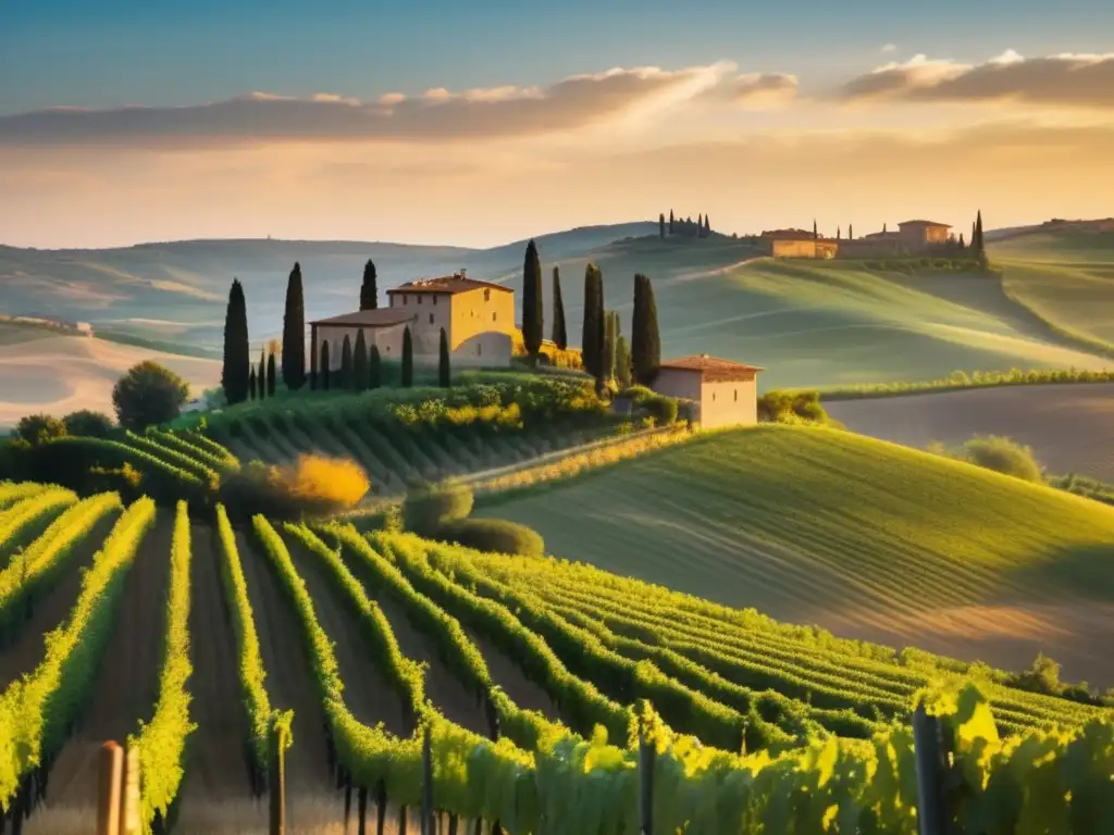 Paisaje toscano de ensueño con viñedos verdes, pueblo medieval y cipreses bajo una cálida luz dorada