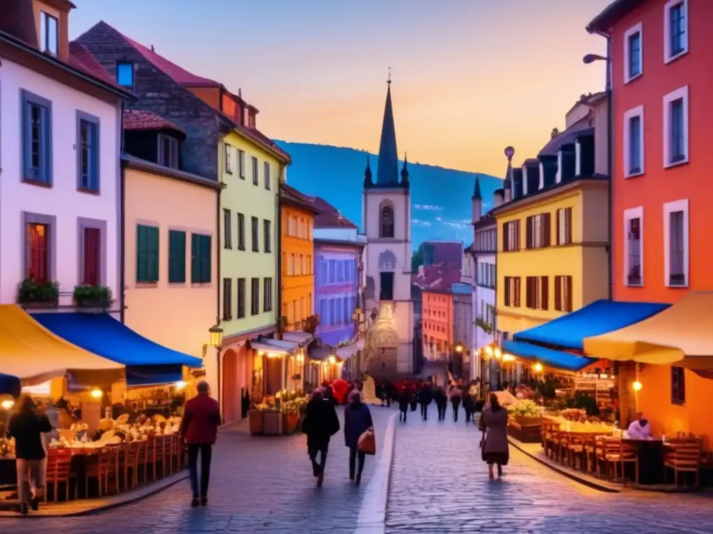 Encanto cultural y arquitectónico en ciudad europea Ciudad europea con calles empedradas y coloridos edificios históricos