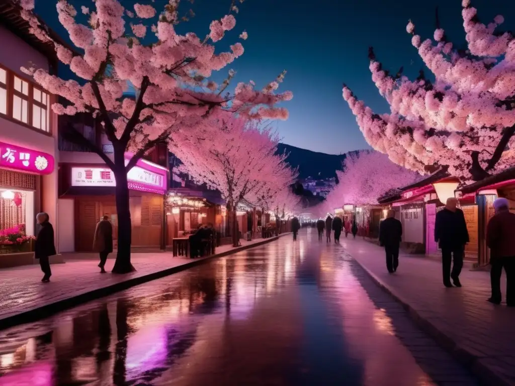 Vida nocturna Tokyo para adultos mayores: calle tranquila en la noche con luces de neón, árboles de cerezo iluminados y personas mayores paseando