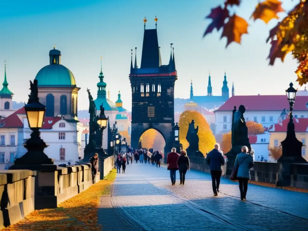 Puente de Carlos en otoño: Pareja caminando Aventuras tranquilas para viajeros maduros en Praga: Puente de Carlos en otoño, adornado con hojas coloridas y pareja paseando