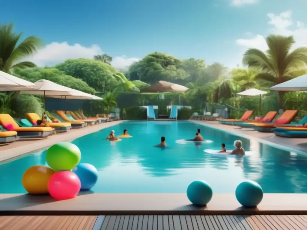 Piscina del hotel con adultos mayores haciendo ejercicios Piscina de hotel serena con adultos mayores haciendo ejercicios acuáticos: Beneficios para adultos mayores