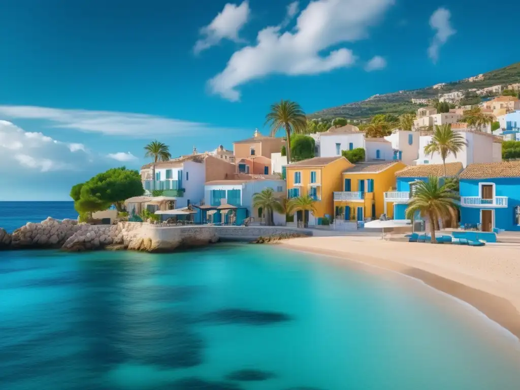 Tránquilidad en pueblo costero Tranquilidad y serenidad en una pintoresca ciudad costera con casas mediterráneas y cruceros tranquilos