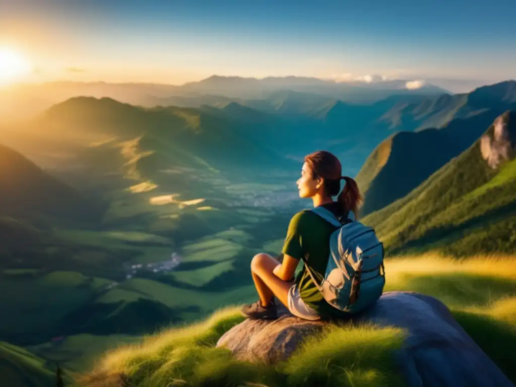Viajero en paz en la montaña Beneficios de meditar durante los viajes: viajero en la cima de una montaña rodeado de paisajes impresionantes