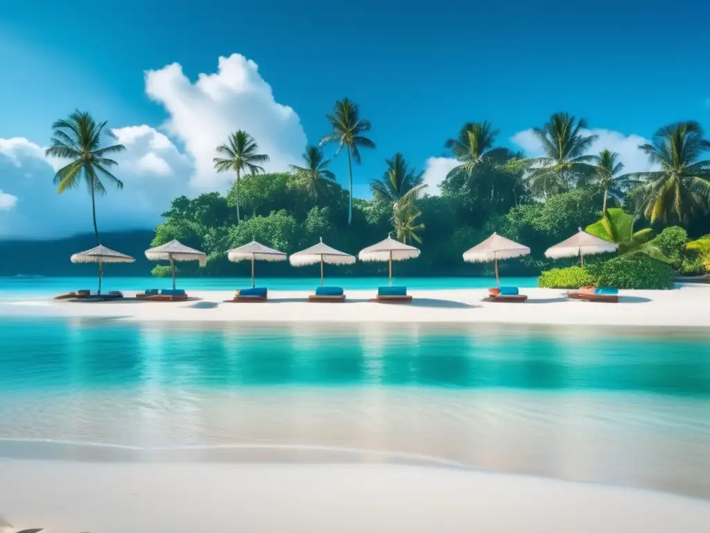 Playa serena en Bali: tranquilidad y belleza natural Playa serena en Bali, aguas turquesa, arena blanca, palmeras y botes de pesca balineses
