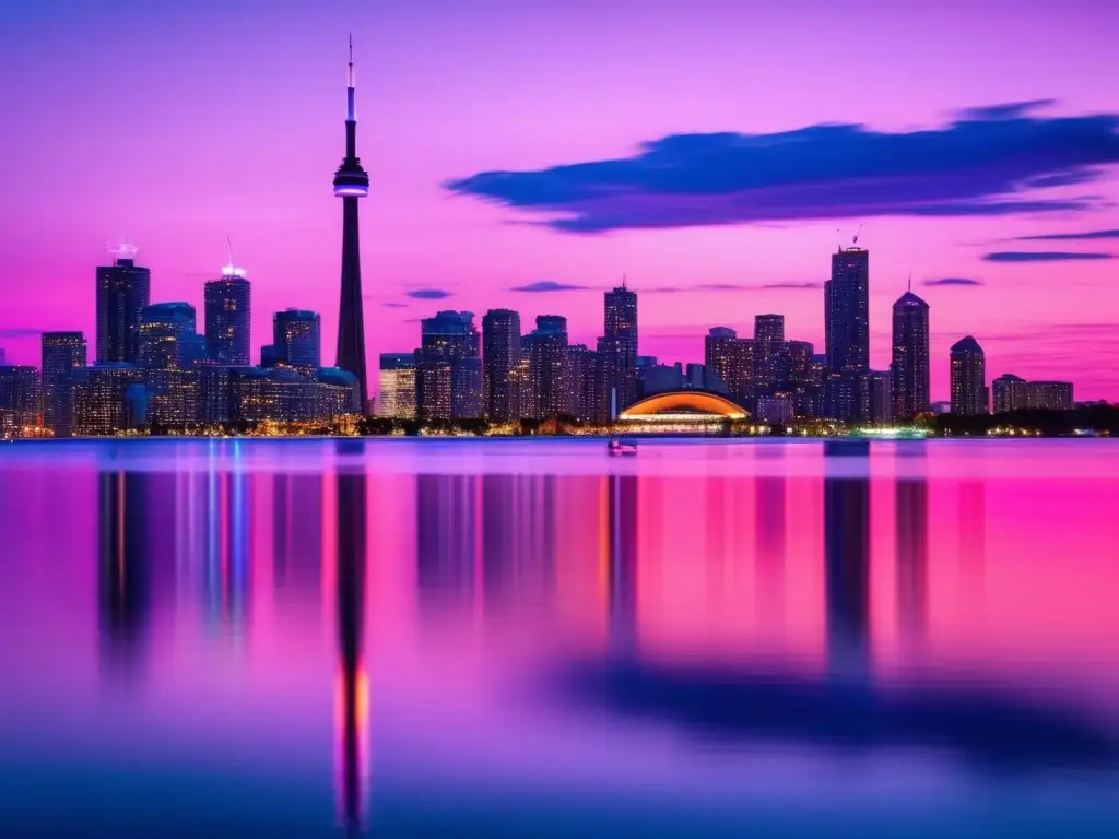 Puesta de sol en el tranquilo Toronto Hermosa imagen de Toronto al atardecer, destacando la icónica CN Tower y la tranquilidad del agua