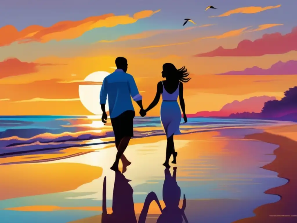 Pareja disfrutando de un atardecer en la playa Retiros espirituales para parejas mayores: playa serena al atardecer con pareja caminando, conexión emocional, renovación de amor y pasión