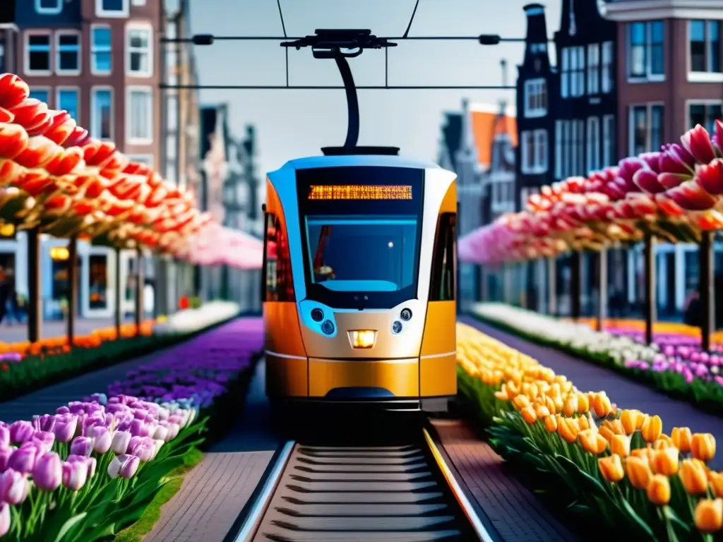 Tranvía moderno y tulipanes en Amsterdam Un moderno tranvía recorre Ámsterdam rodeado de vibrantes campos de tulipanes en flor