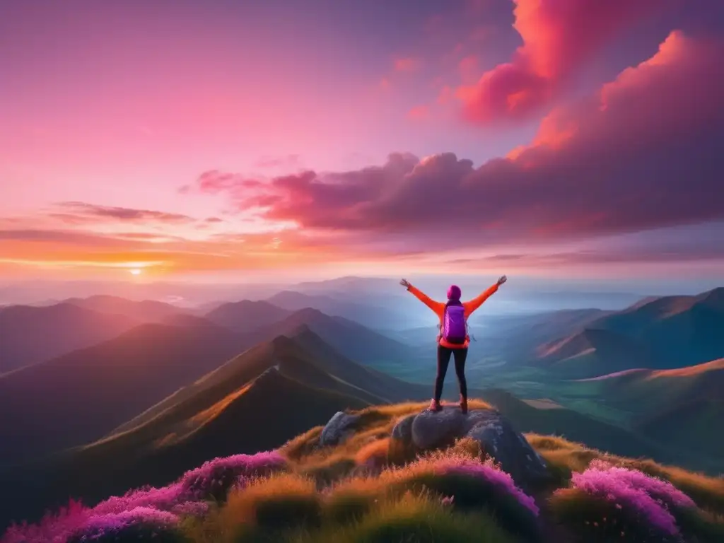 Amanecer triunfal en la cima Persona en la cima de una montaña, paisaje exuberante y cielo al amanecer
