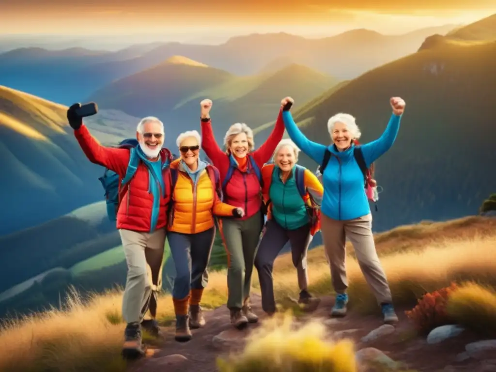 Grupo de senderistas senior triunfantes en la cumbre Senior hikers conquering a stunning mountain peak - Consejos ecoturismo senior sostenible