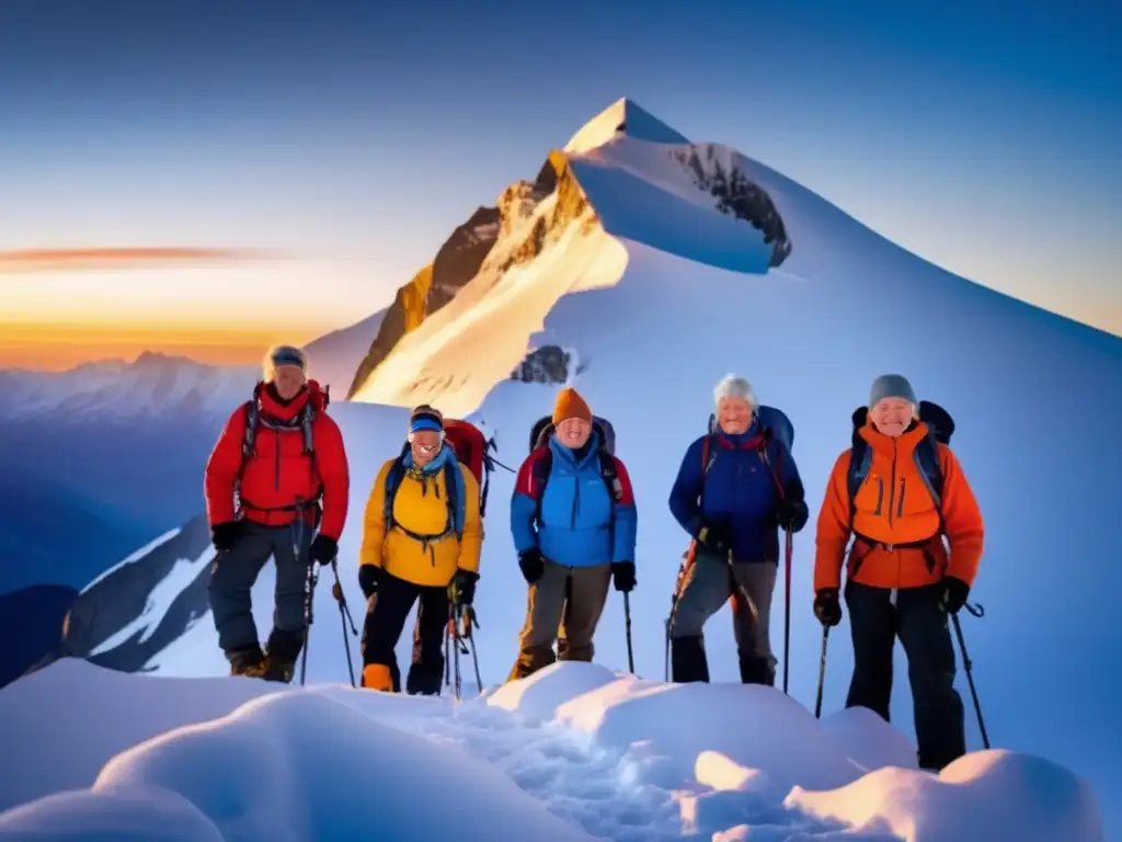 Triunfantes montañeros mayores en pico nevado Montañismo senior: testimonio de superación
