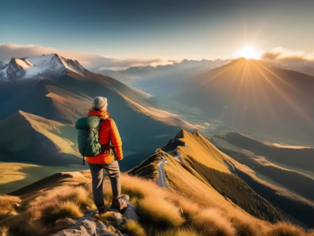 Viajero feliz en la cumbre Viajero maduro en cima de montaña con paisaje impresionante - Historias reales de viajeros maduros saludables