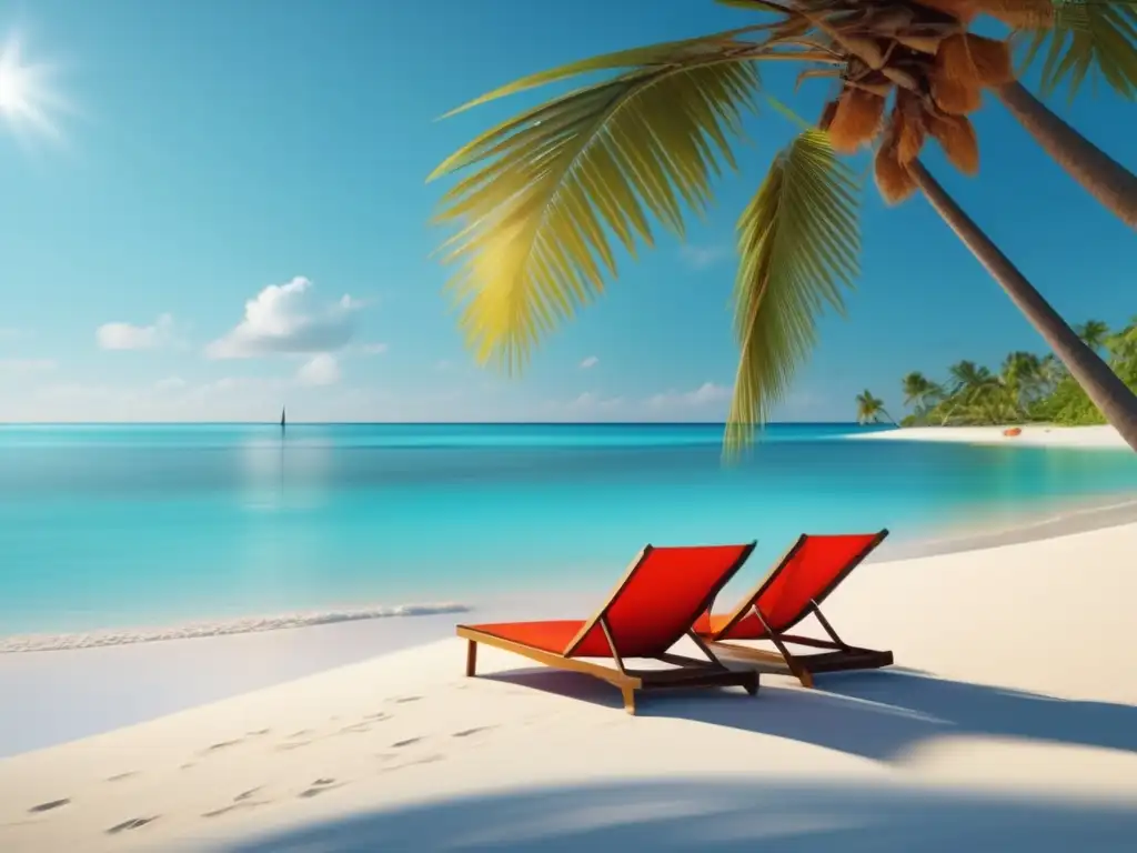 Paraíso tropical: playa vibrante y sombra bajo palmeras Importancia de hidratación en viaje: Escena vibrante de playa tropical con agua turquesa, arena blanca y sombrilla colorida