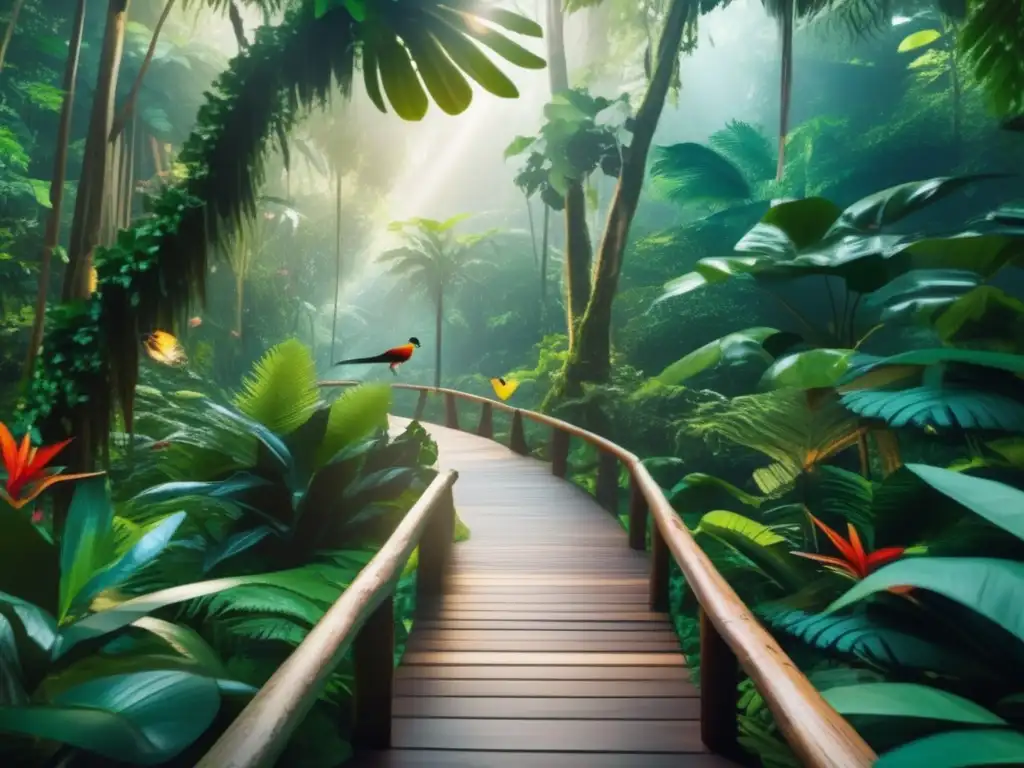Sereno bosque tropical con flora exuberante y camino de madera 8k imagen detallada de selva tropical, con vegetación exuberante y flores vibrantes
