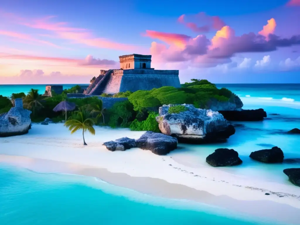 Vista mágica de las ruinas antiguas de Tulum al atardecer Festivales para viajeros maduros en México: Ruinas de Tulum al atardecer, El Castillo, mar turquesa, música, comida tradicional
