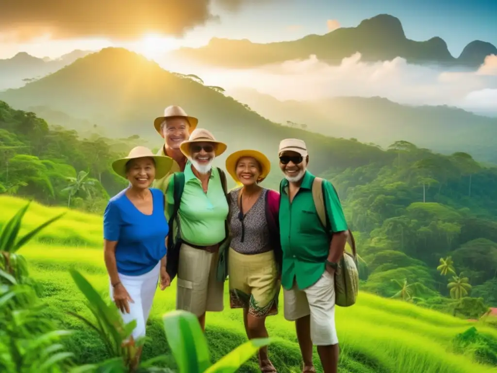 Grupo de viajeros maduros disfrutan de la naturaleza Viajeros maduros disfrutan beneficios del ecoturismo