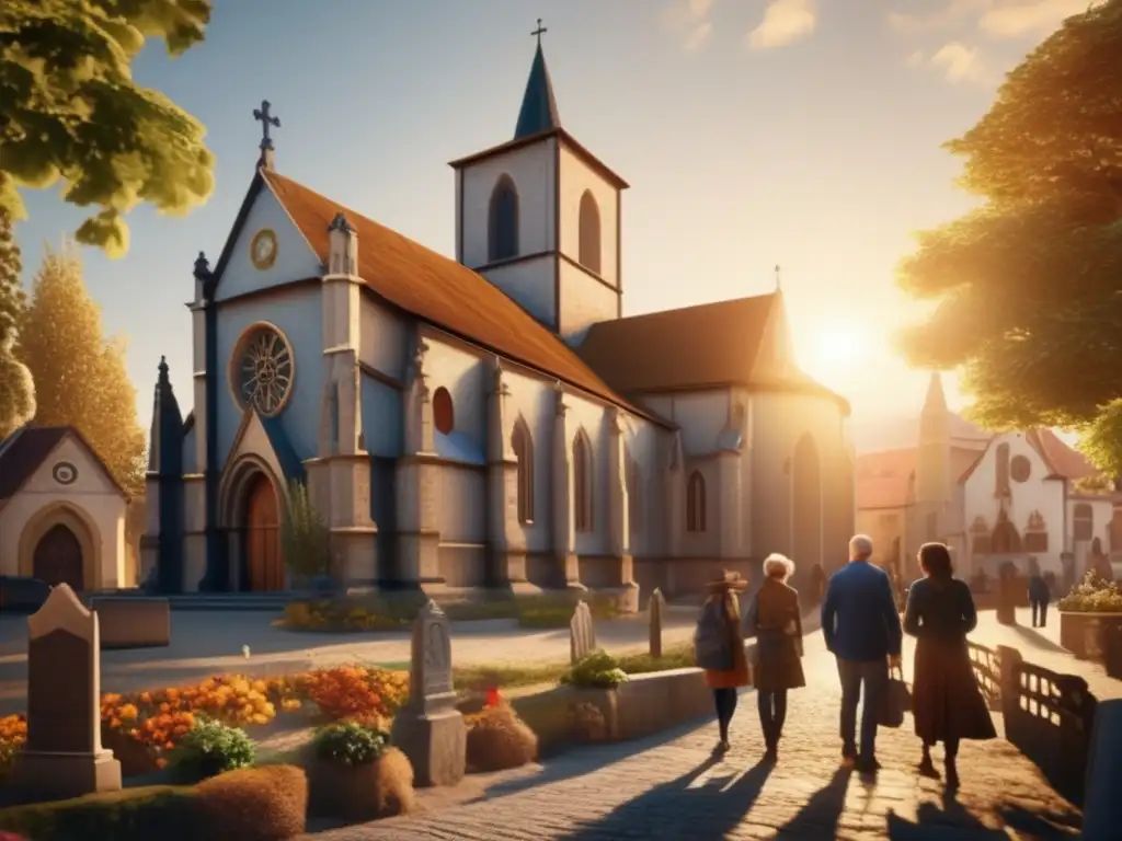 Turismo genealógico en una iglesia histórica Viaje genealógico exitoso: grupo turistas escuchando a guía en iglesia histórica (110 caracteres)