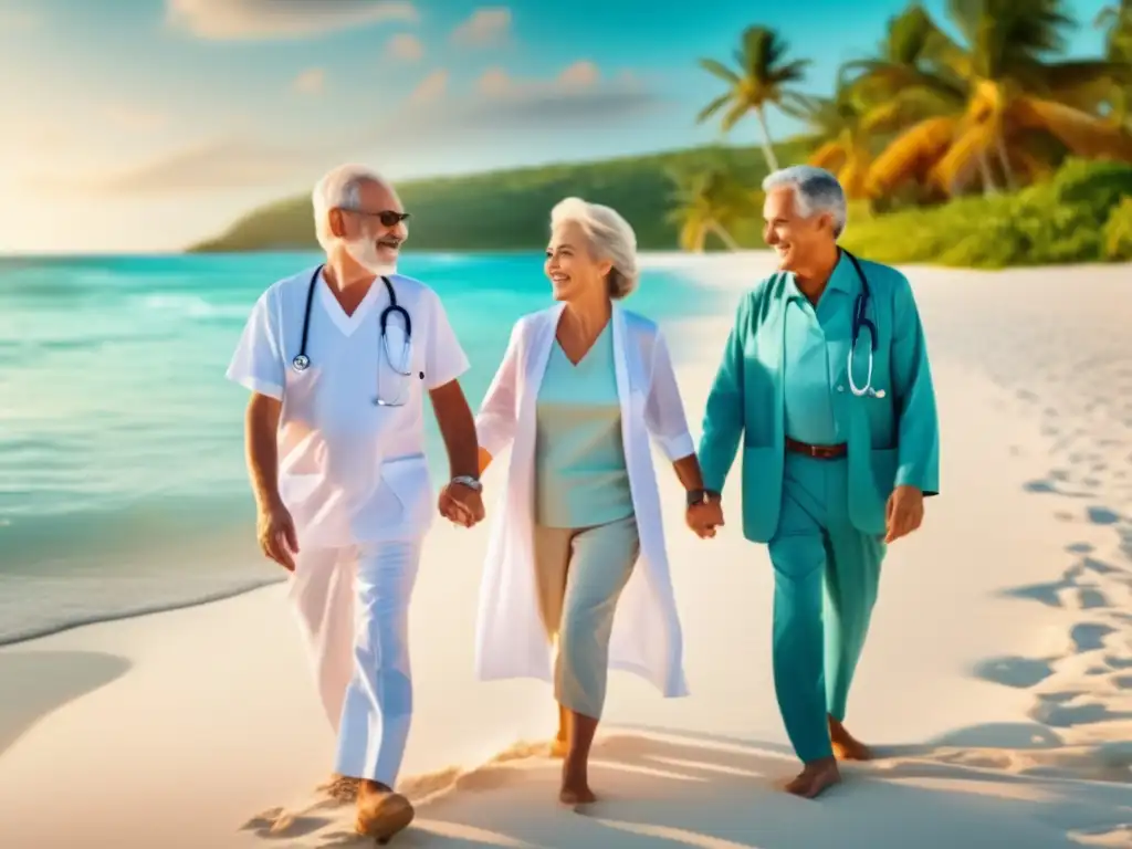 Seguridad y confianza: turismo médico para seniors Destinos seguros turismo médico seniors en playa paradisíaca con personal médico sonriente y modernas instalaciones