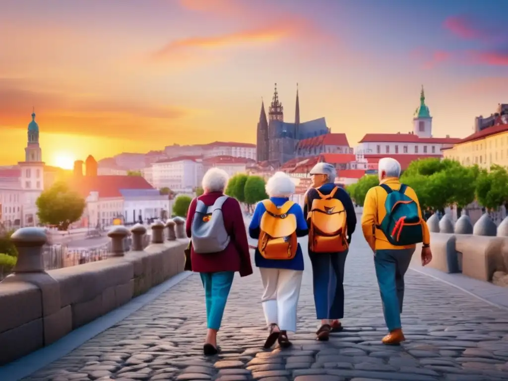Viajes en grupo para seniors explorando una ciudad pintoresca al atardecer