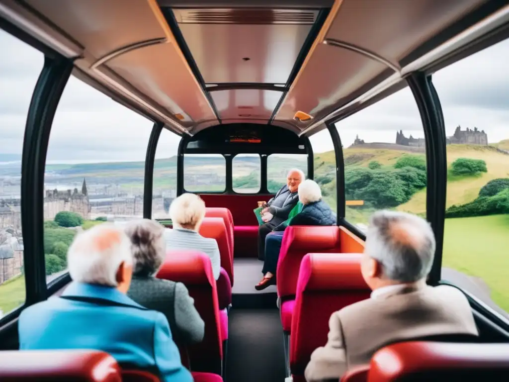 Turistas mayores disfrutando tour en bus por Edimburgo Atracciones para adultos mayores en Edimburgo - Grupo de turistas en autobús turístico disfrutando de las vistas icónicas de la ciudad