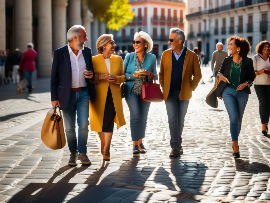 Turistas maduros explorando Madrid Atractivos turísticos para mayores en Madrid: grupo de turistas explorando las calles pintorescas con sol y monumentos emblemáticos