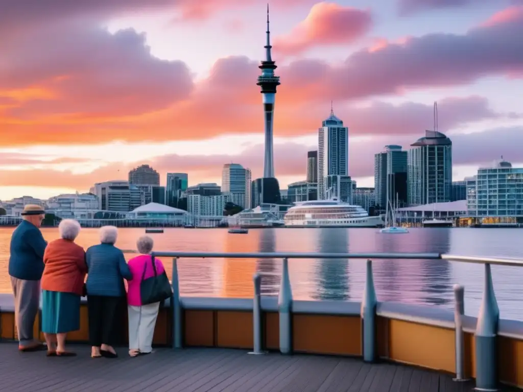 Elderly tourists enjoying scenic view of Auckland's Sky Tower Experiencias en Auckland para adultos mayores disfrutando del icónico Sky Tower y del paseo marítimo al atardecer