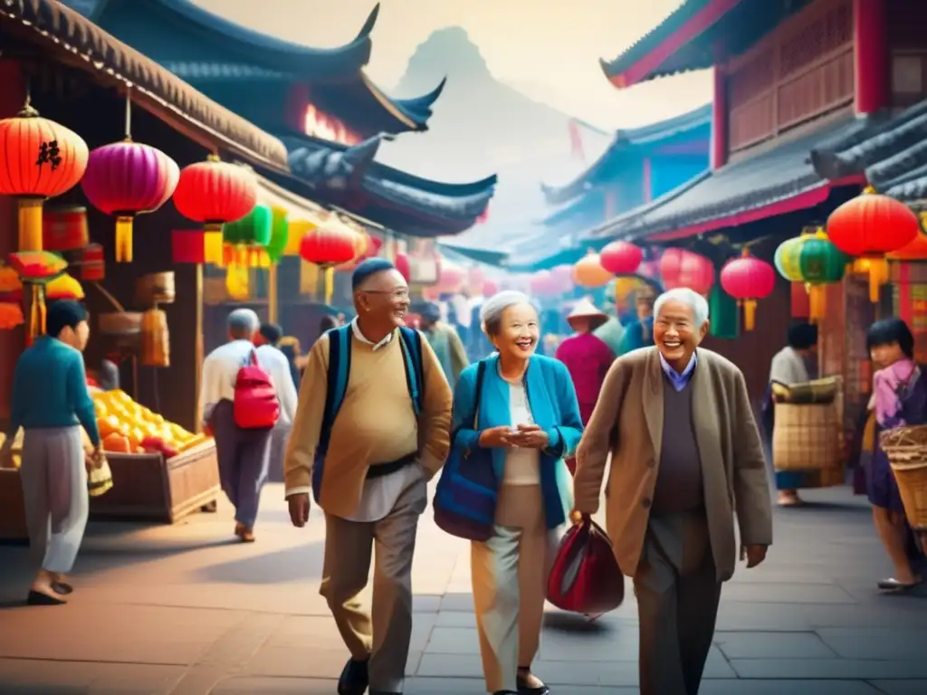 Turistas mayores explorando ciudad asiática vibrante Viajes seguros para seniors en Asia: explorando una vibrante ciudad llena de cultura y color