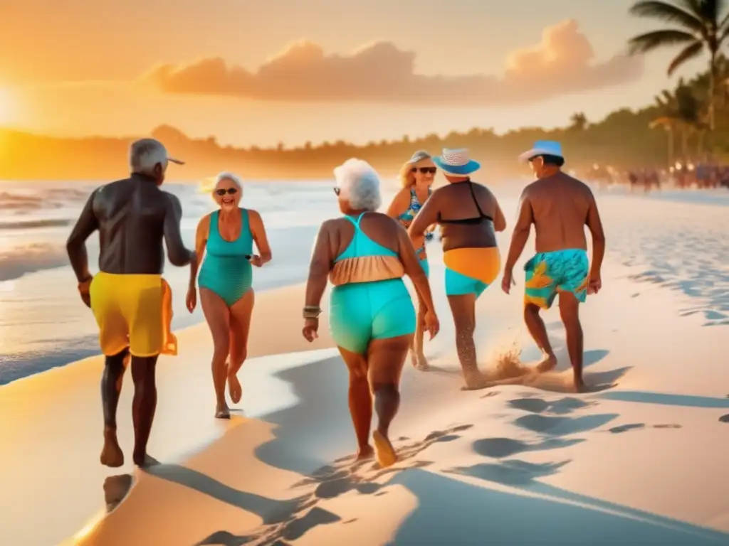 Alegres seniors disfrutan de la playa al atardecer Grupo de alegres seniors disfrutando de una playa paradisíaca al atardecer