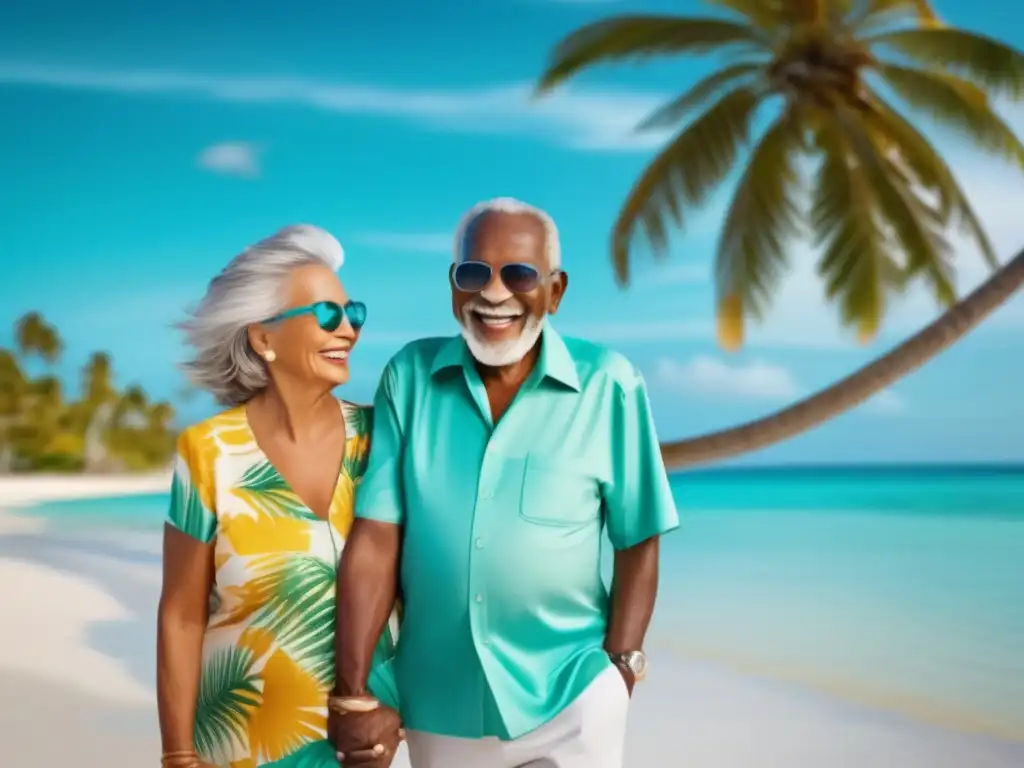 Pareja feliz disfrutando de sus vacaciones Seguro de viaje para seniors en una playa paradisíaca