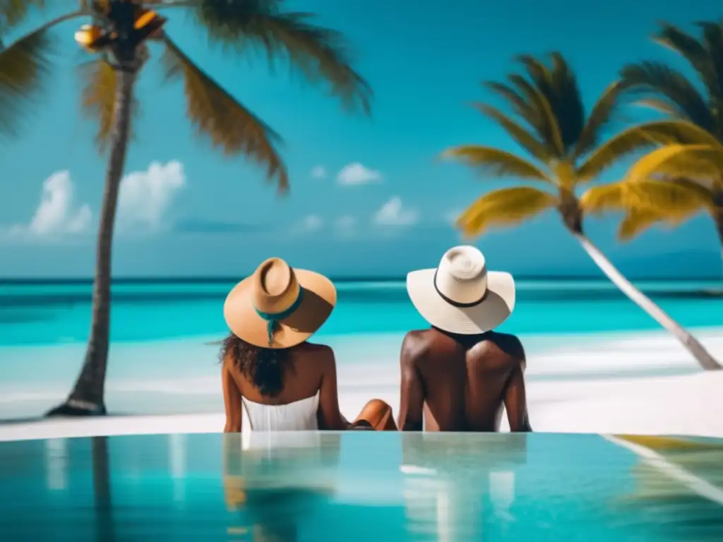 Ofertas de viajes para mayores en una playa paradisíaca rodeada de aguas turquesas, con una pareja feliz y relajada en primer plano