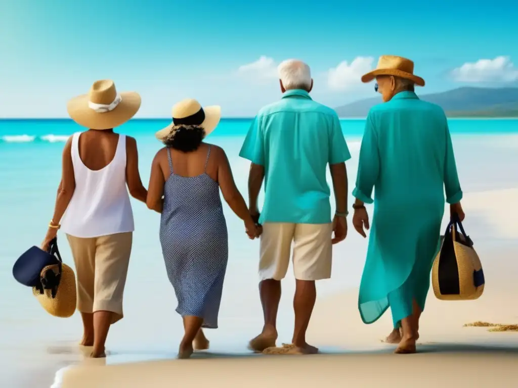Grupo de mayores disfrutando de vacaciones en la playa Viajes Senior: Ajustes de presupuesto en playa paradisíaca